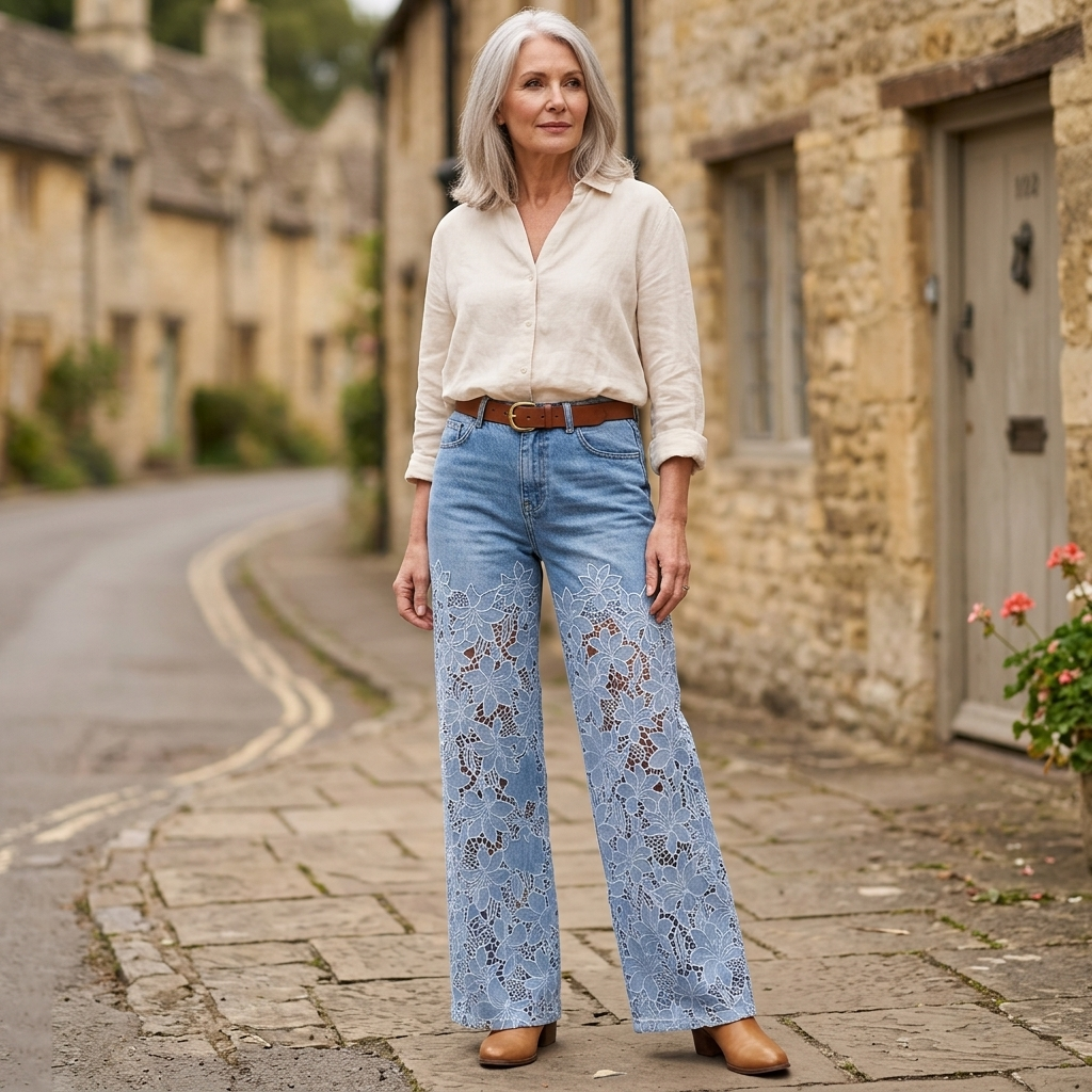 ALDERSLEY LACE-PANEL PATCHWORK JEANS