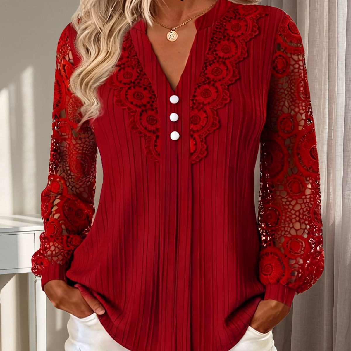 PRIMLEIGH LACE-PANEL V-NECK BLOUSE