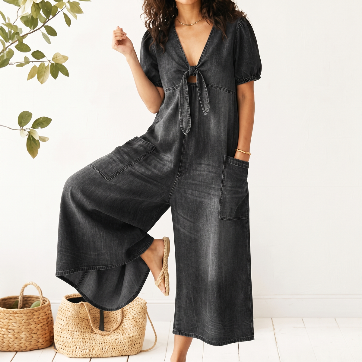 ROWANVALE TIE-FRONT DENIM JUMPSUIT