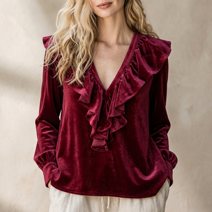 VELOURA V-NECK RUFFLE BLOUSE