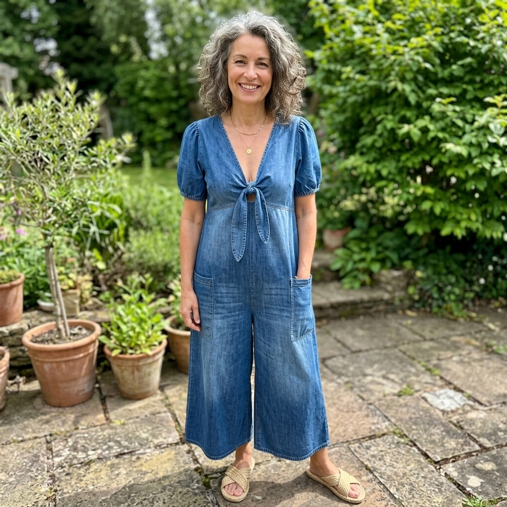 ROWANVALE TIE-FRONT DENIM JUMPSUIT