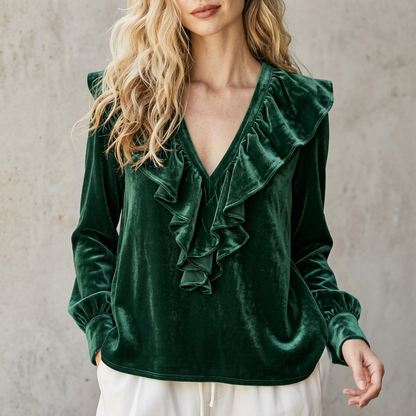 VELOURA V-NECK RUFFLE BLOUSE