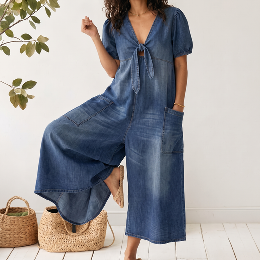 ROWANVALE TIE-FRONT DENIM JUMPSUIT