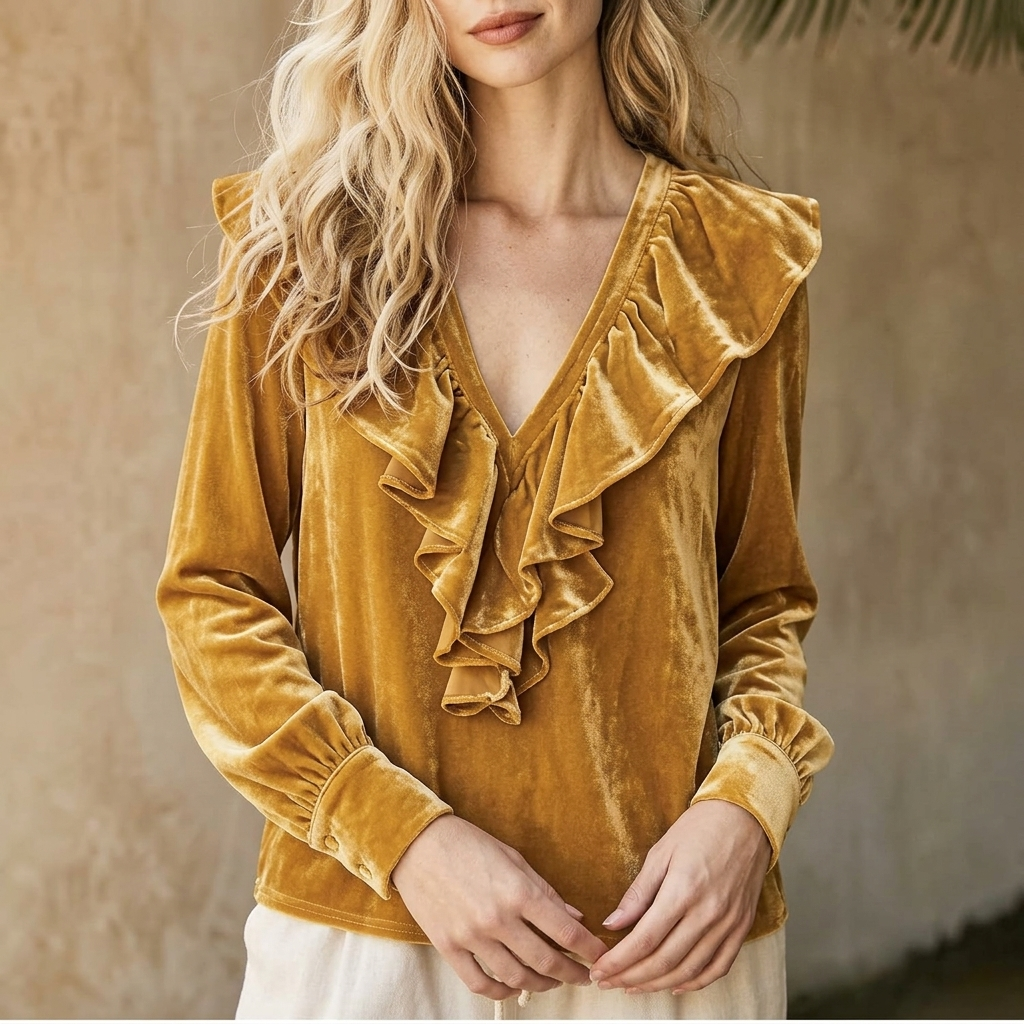VELOURA V-NECK RUFFLE BLOUSE
