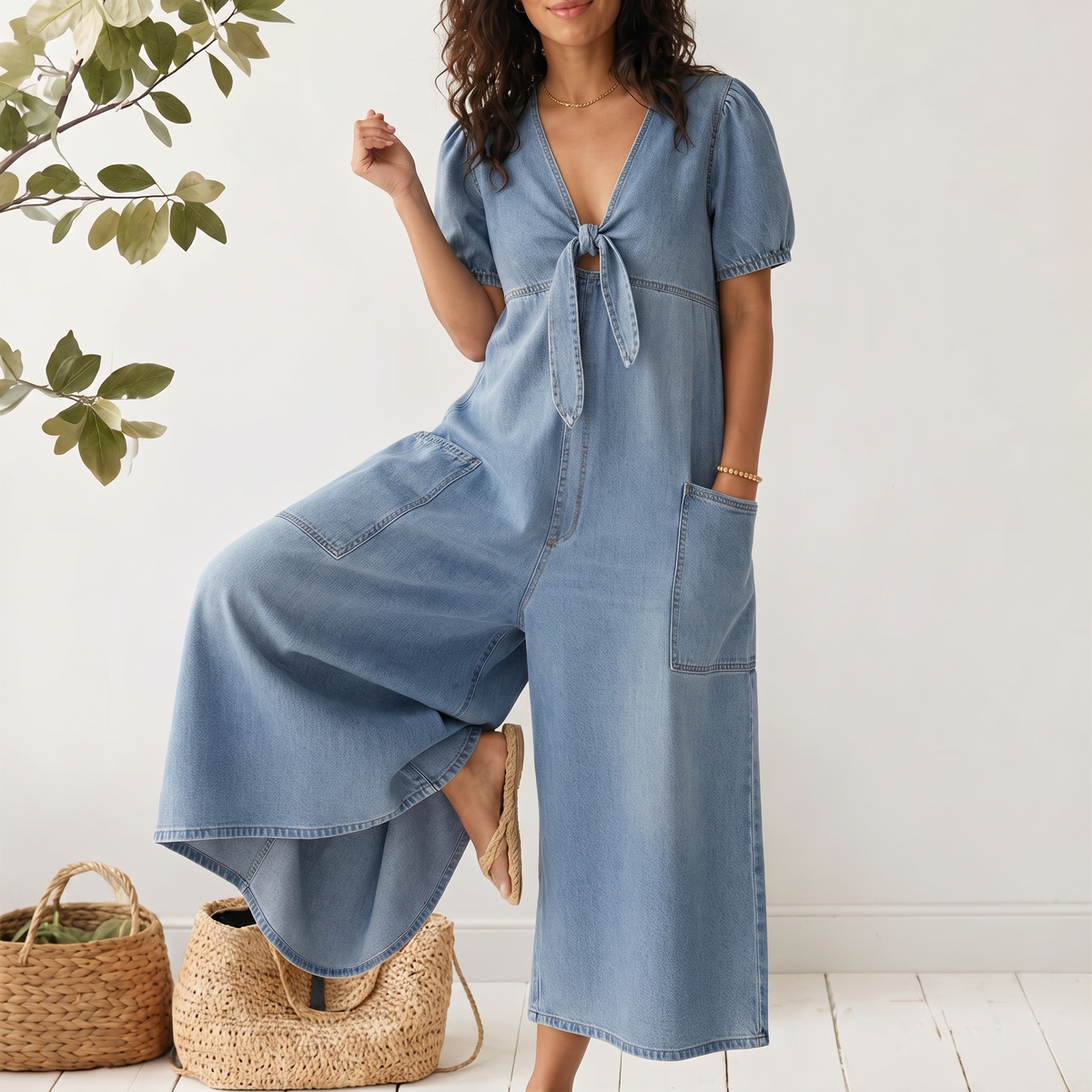 ROWANVALE TIE-FRONT DENIM JUMPSUIT