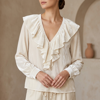 VELOURA V-NECK RUFFLE BLOUSE