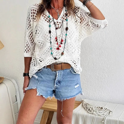 ELOWEN BEIGE CROCHET V-NECK TOP