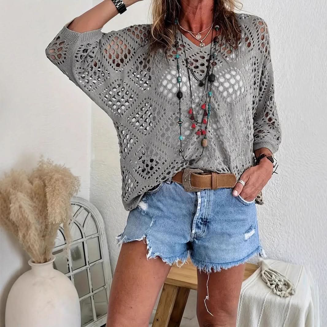 ELOWEN BEIGE CROCHET V-NECK TOP
