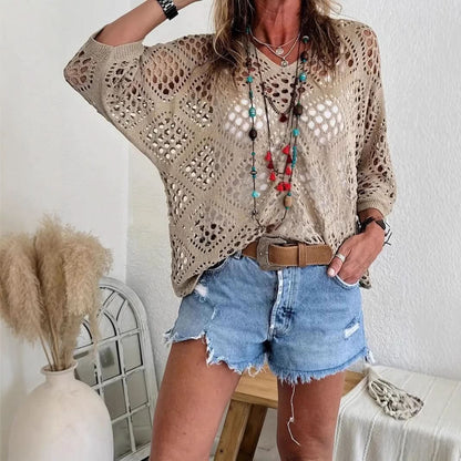 ELOWEN BEIGE CROCHET V-NECK TOP