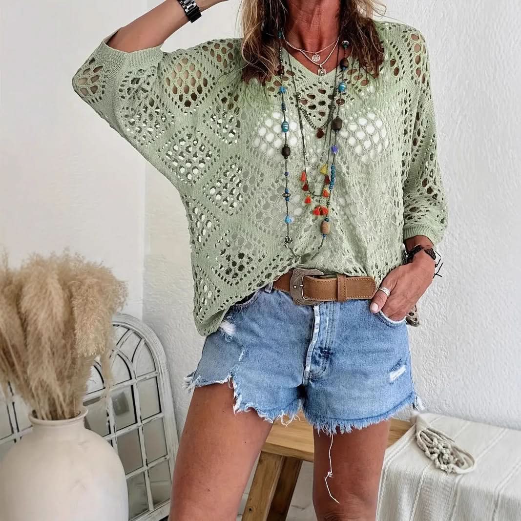 ELOWEN BEIGE CROCHET V-NECK TOP