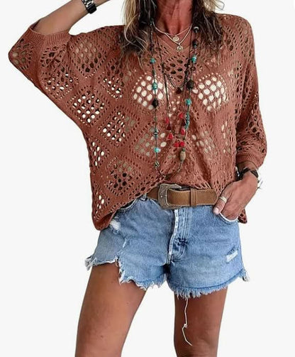 ELOWEN BEIGE CROCHET V-NECK TOP