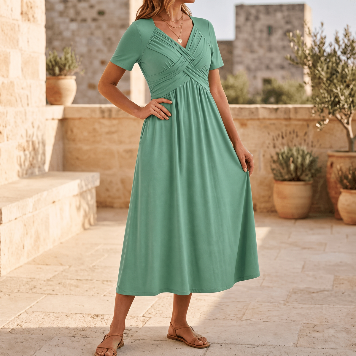 MARABELLE CROSSOVER POCKET MIDI DRESS