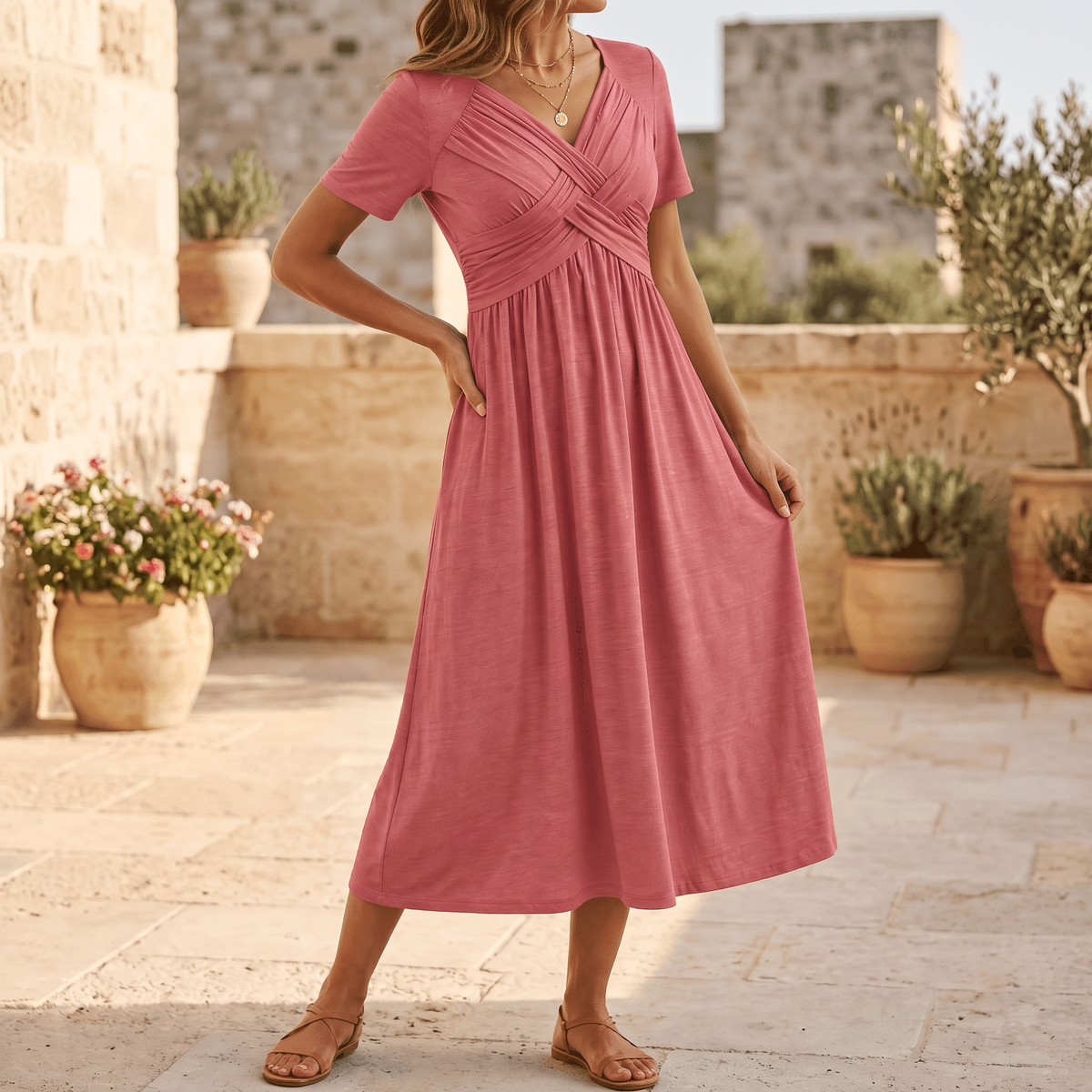MARABELLE CROSSOVER POCKET MIDI DRESS