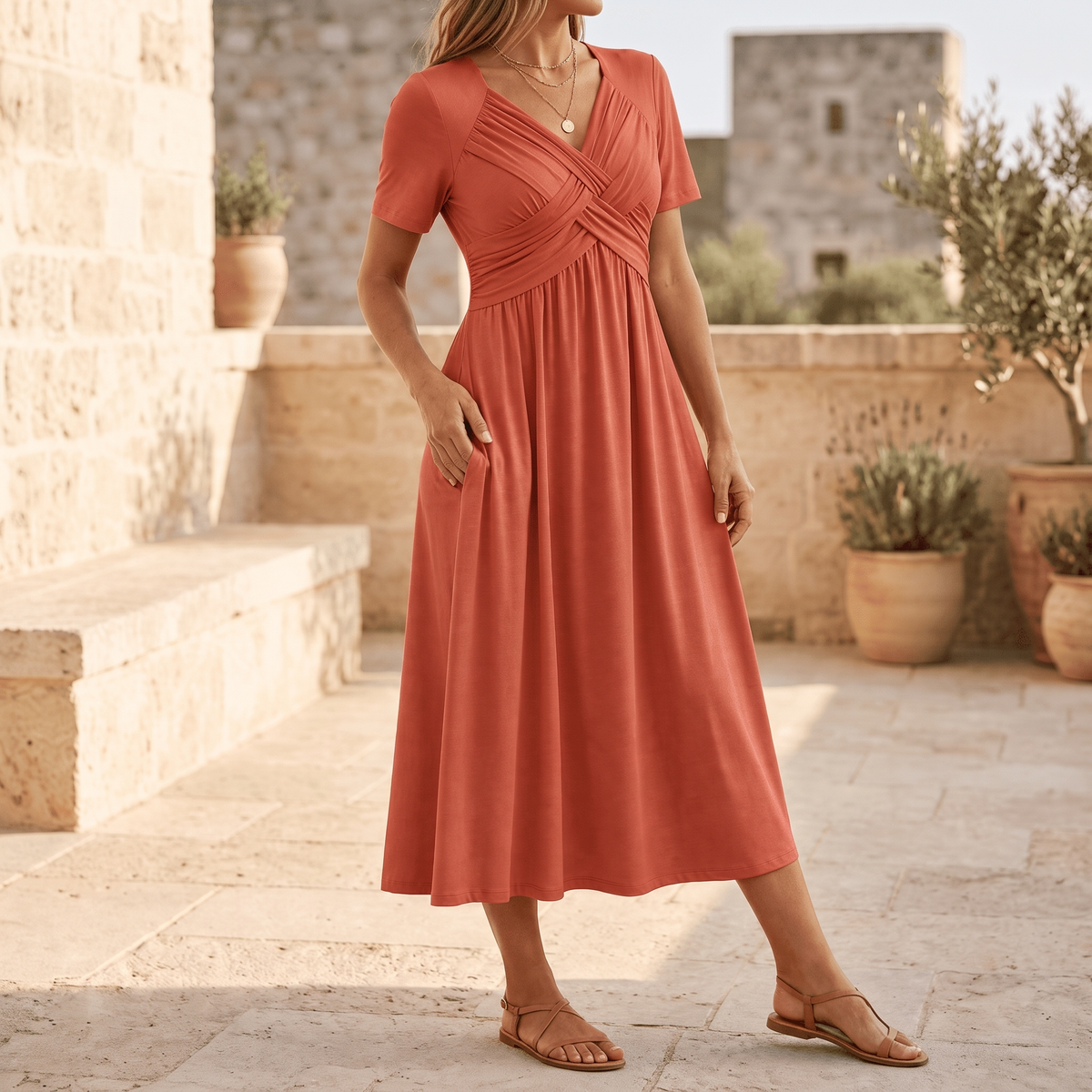 MARABELLE CROSSOVER POCKET MIDI DRESS