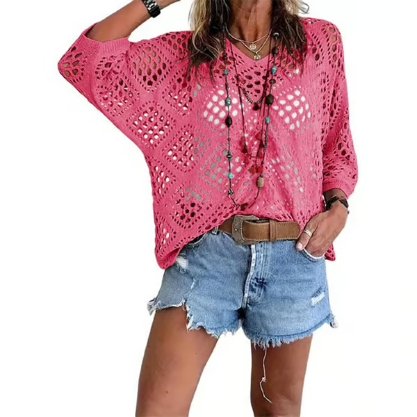ELOWEN BEIGE CROCHET V-NECK TOP
